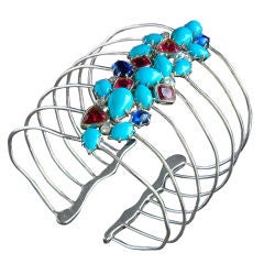 Cuff Bracelet of White Gold, Turquoise, Kyanite and Tourmaline