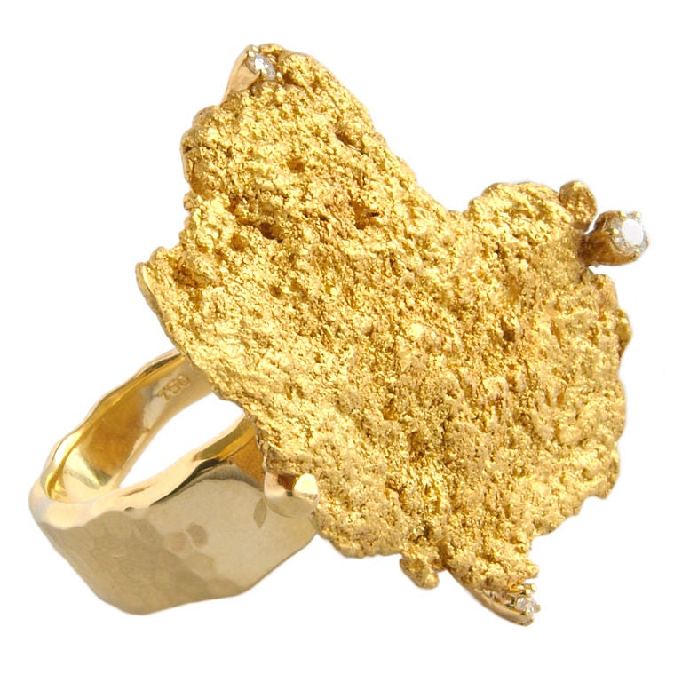 Raw Gold Nugget Ring highlighted with Diamonds For Sale