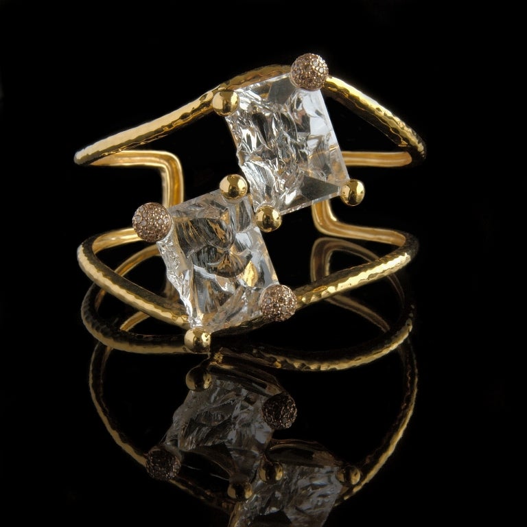 Cuff bracelet of Gold and Rock  Crystal with Pave Diamonds
