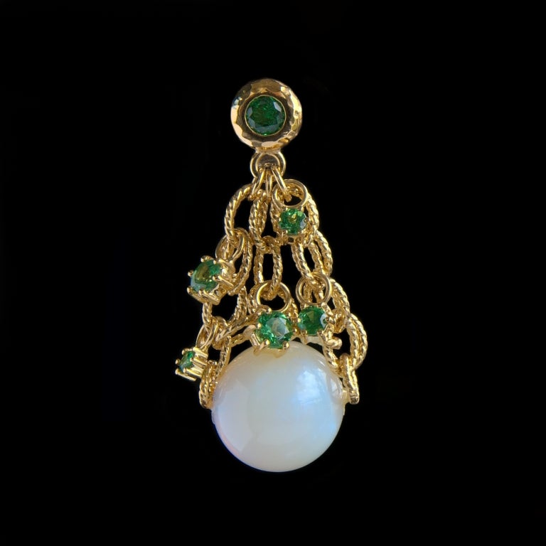 Gold Earrings with Opal Beads and Tsavorite Garnets