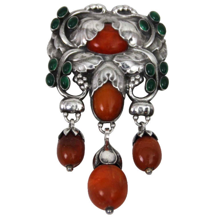 Georg Jensen Master Brooch no. 96 with amber and green agate For Sale
