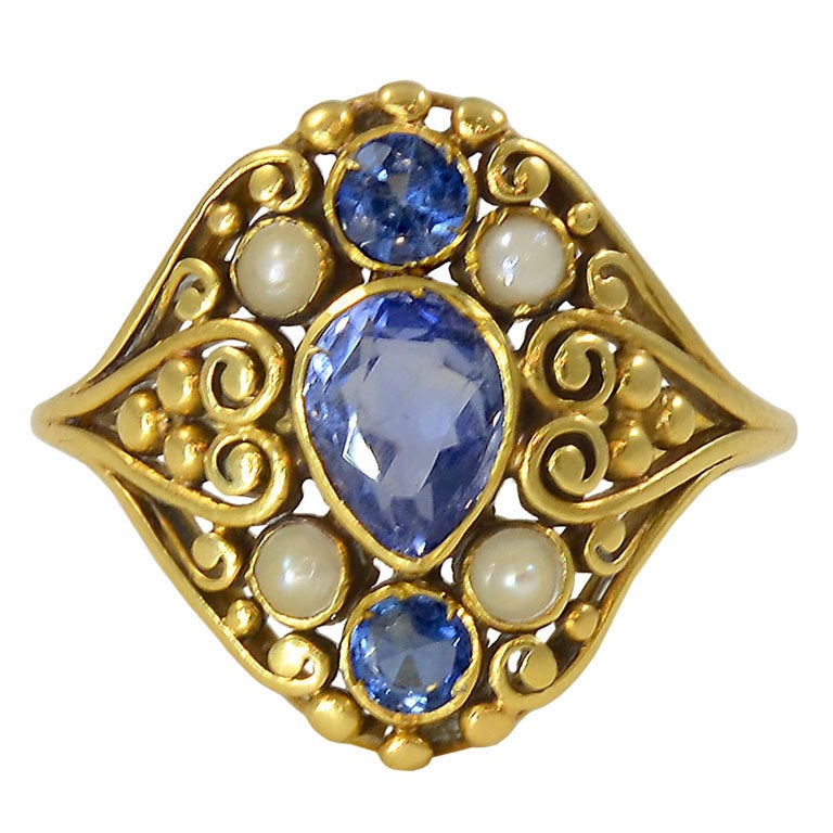 F.G.Hale Gold Ring with  Montana Sapphires, Pearls For Sale