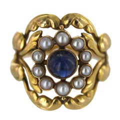 Antique GEORG JENSEN Gold Ring Sapphire Pearl