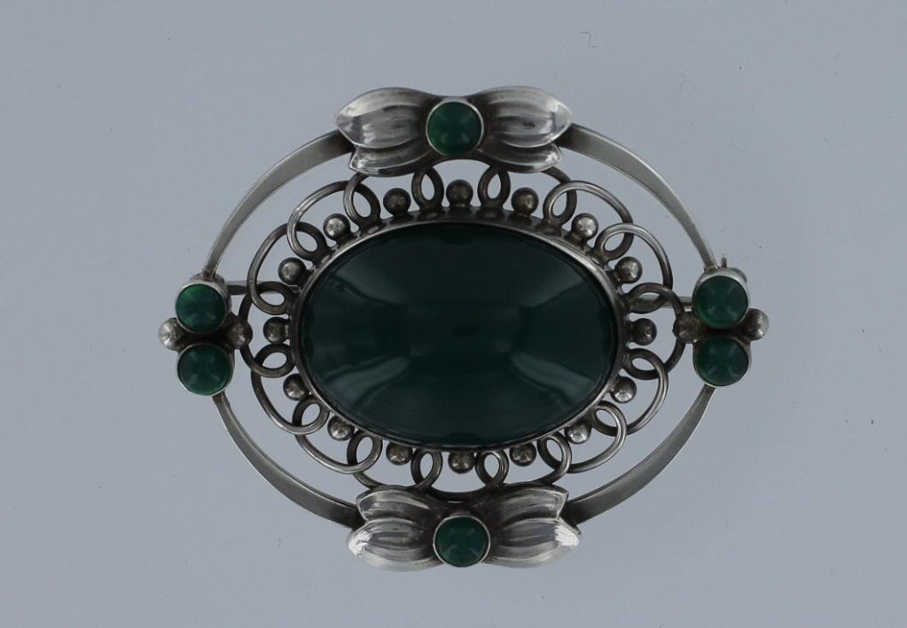 GEORG JENSEN Sterling Silver and Green Agate Brooch No. 91 at 1stdibs