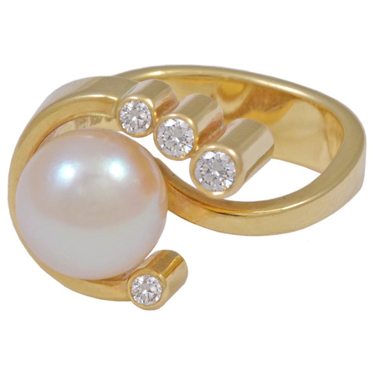 Georg Jensen Pearl Diamond Gold Cocktail Ring For Sale