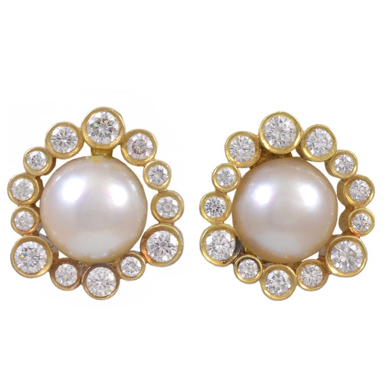 GEORG JENSEN Diamond and Pearl Gold Earrings