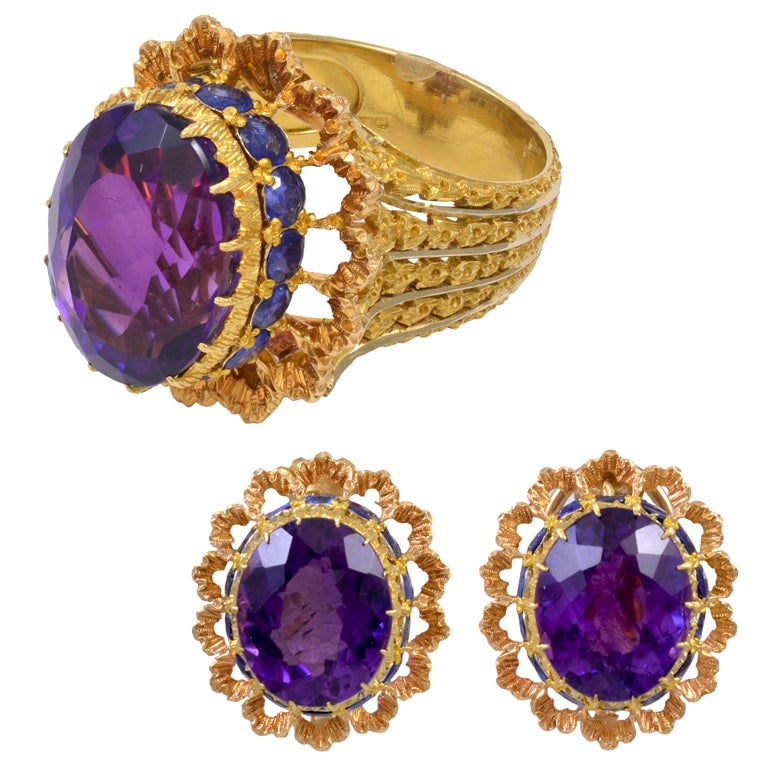 BUCELLATI Gold, Amethyst and Sapphire Ring & Earring Set For Sale