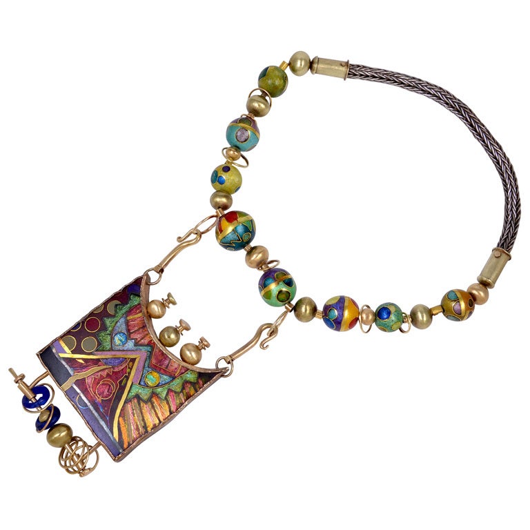 William Harper Enamel Glass Silver Gold Scheharazade's Mystery Necklace For Sale