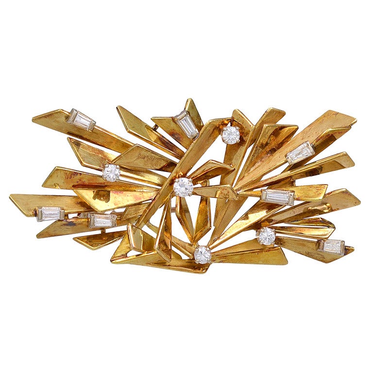 Alfred Karram Jr. Modernist Diamond gold Brooch For Sale