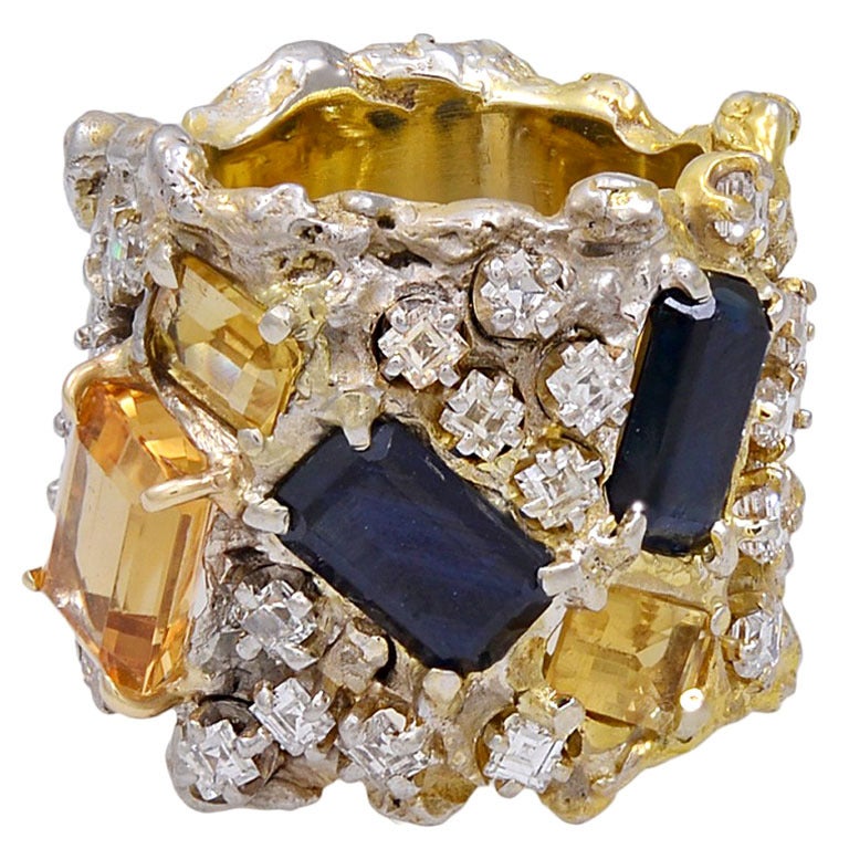 Arthur King Citrine Sapphire Diamond Gold Ring For Sale