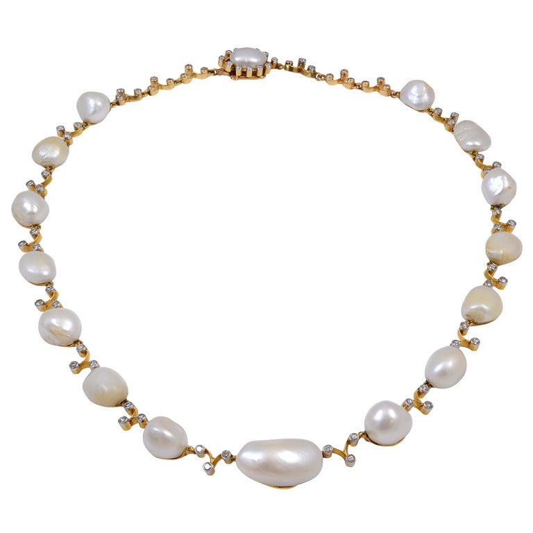 Antique Natural Pearl Diamond Necklace For Sale at 1stDibs