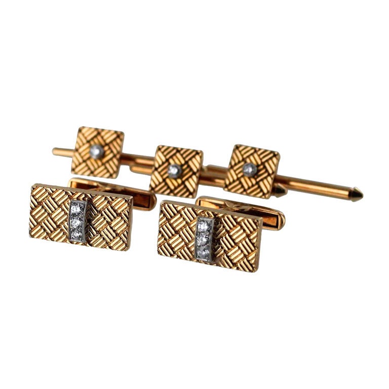Cartier Diamond Gold Cufflink and Stud Set For Sale