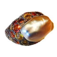 Baroque Maluka Pearl Multicolored Sapphire Dome Ring