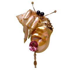 Keshi Pearl Diamond Shell Pink Topaz "Hermit Crab" Brooch