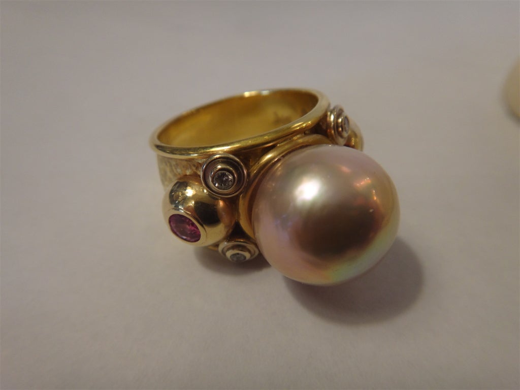 Pink Tahitian Pearl Pink Sapphire Diamond Bombe Ring