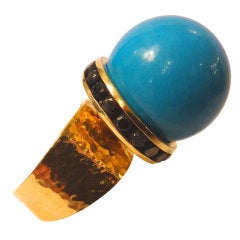 Sleeping Beauty Turquoise Black Diamond Hammered Gold Ring Sleeping Beauty Turquoise Black Diamond Hammered Gold Ring