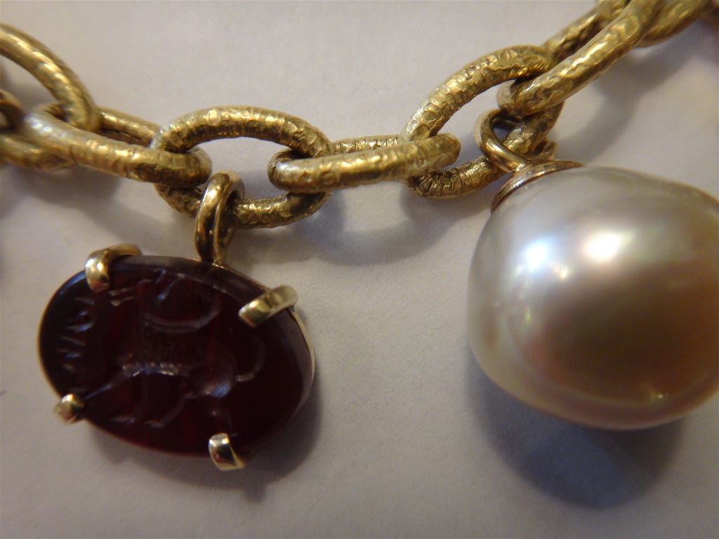 Women's Ancient Hardstone Roman Intaglio Pearl Charm Bracelet For Sale