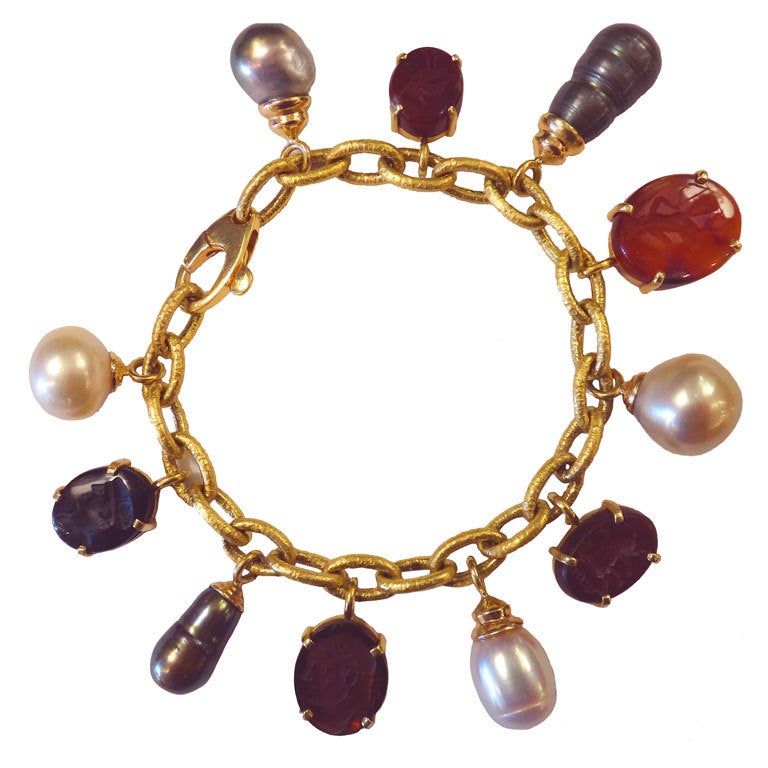 Ancient Hardstone Roman Intaglio Pearl Charm Bracelet For Sale