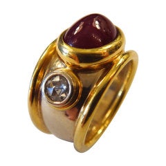 Cabochon Ruby Diamond Two Tone Gold Bombe Ring