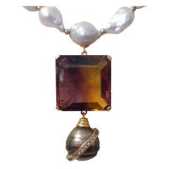 Ametrine Baroque Tahitian Pearl Diamond Necklace