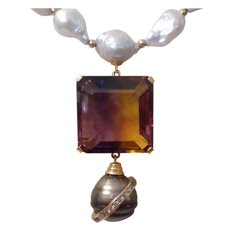Ametrine Baroque Tahitian Pearl Diamond Necklace For Sale