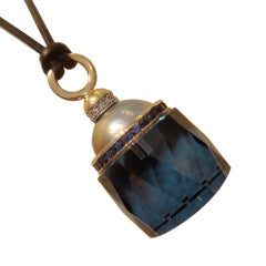 Blue Topaz Sapphire Pearl Diamond Drop Pendant