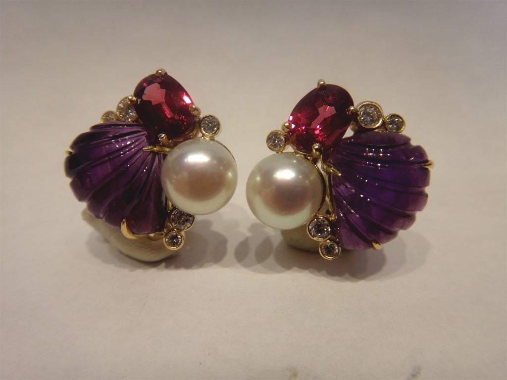Carved Amethyst Rhodolite Pearl Diamond 'Confetti' Earrings