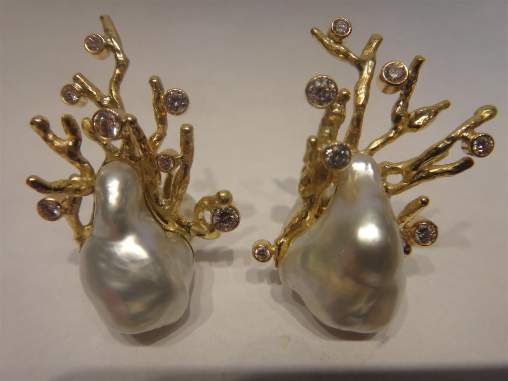 Baroque South Sea Pearl Diamond 'Elkhorn' Earrings