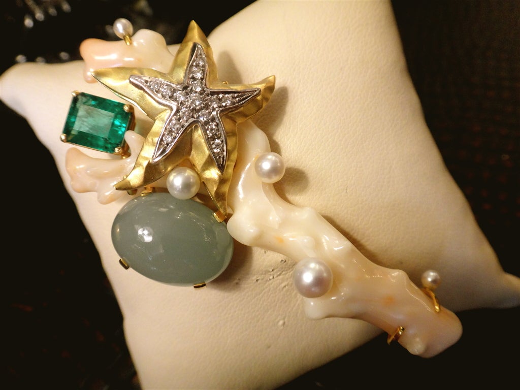 Emerald Aquamarine Coral Pearl Diamond 'Sealife' Brooch