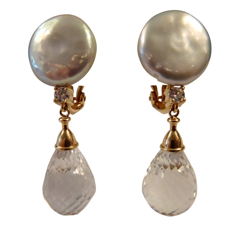 Coin Pearl Diamond and Crystal Quartz "Sicily" Earrings For Sale