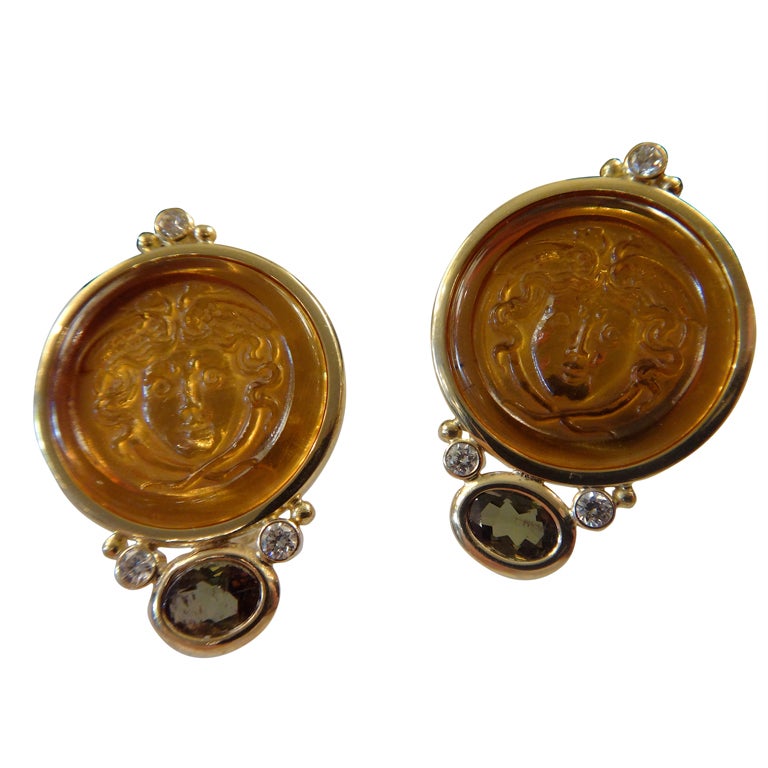 Citrine Cameo Andalusite Diamond "Medusa" Earrings For Sale