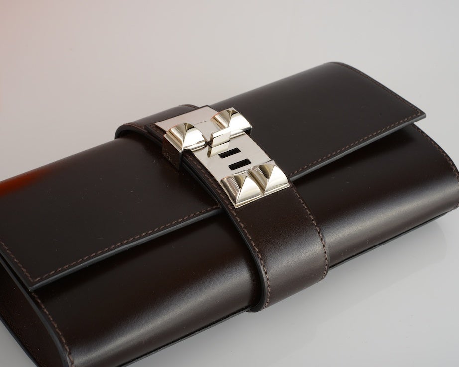HERMES MEDOR CLUTCH BAG DEEP BROWN WITH PALLADIUM HARDWARE at 1stdibs