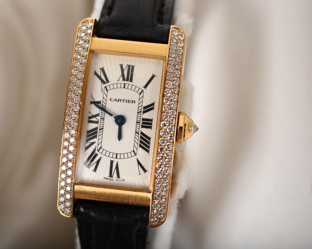 CARTIER TANK AMERICAINE YELLOW GOLD & DIAMONDS WATCH MUST SEE! 6
