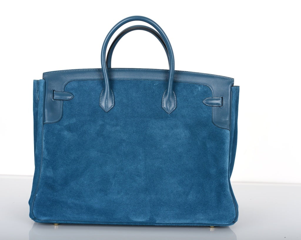 LIMITED HERMES BIRKIN BAG 40cm GRIZZLY SUEDE THALASSA BLUE PERMA In New Condition In NYC Tri-State/Miami, NY