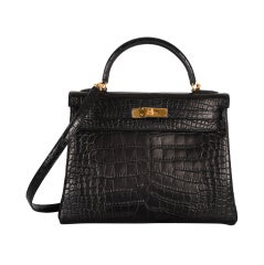 HERMES KELLY BAG 32CM MATTE CROC BLACK WITH GOLD HARDWARE SUPER