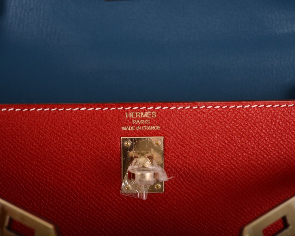 HERMES KELLY 25CM ROUGE CASAQUE EPSOM WITH BLUE THALASSA INSIDE 1