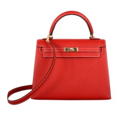 HERMES KELLY 25CM ROUGE CASAQUE EPSOM WITH BLUE THALASSA INSIDE