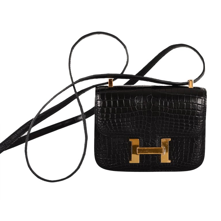 HERMES CONSTANCE BAG BLACK CROCODILE MICRO MINI W GOLD HARDWARE