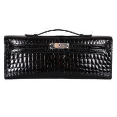 HERMES CROCODILE BAG KELLY CUT CLUTCH POCHETTE BLACK SHINY PALL