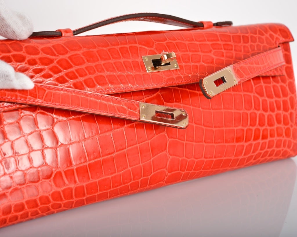 On Fire! Hermes Kelly Cut Geranium Crocodile Bag Clutch Pochette In New Condition In NYC Tri-State/Miami, NY