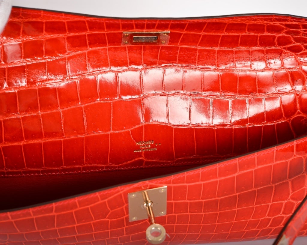 On Fire! Hermes Kelly Cut Geranium Crocodile Bag Clutch Pochette 1