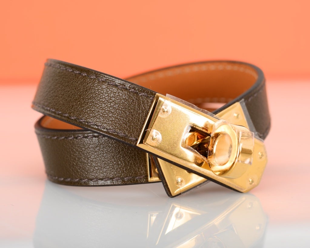 JF HERMES KELLY DOUBLE TOUR BRACELET EUCALYPTUS & GOLD MUST C