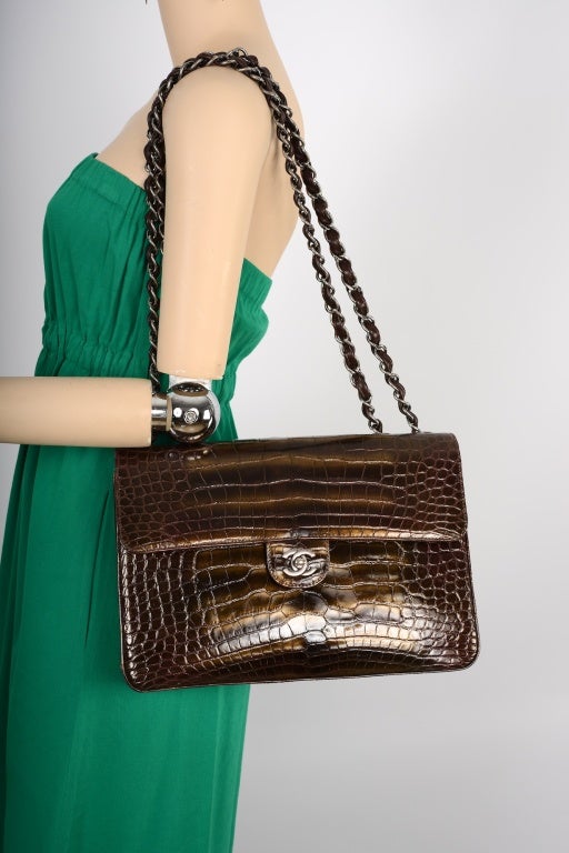 36K Runway Chanel Jumbo Flap Bag Crocodile Bronze Incredible In Excellent Condition In NYC Tri-State/Miami, NY