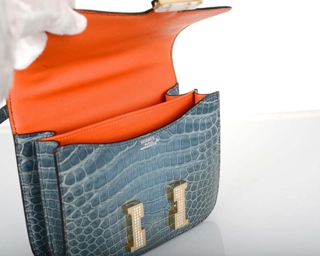 HERMES 18CM DIAMOND WHITE GOLD BLUE JEAN CROCODILE CONSTANCE at ...