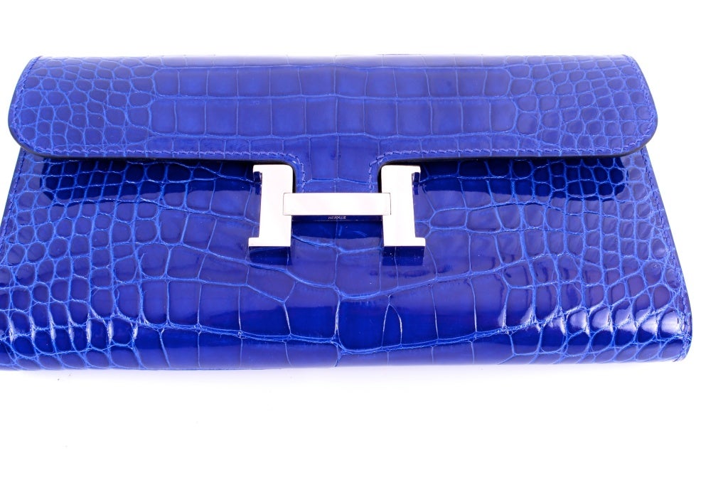 HERMES CROC CONSTANCE LONG WALLET CLUTCH POCHETTE BLUE ELECTRIC 6