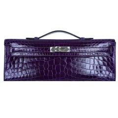 Hermes Crocodile Bag Kelly Cut Clutch Pochette Amethyst Shiny Pall Hardware