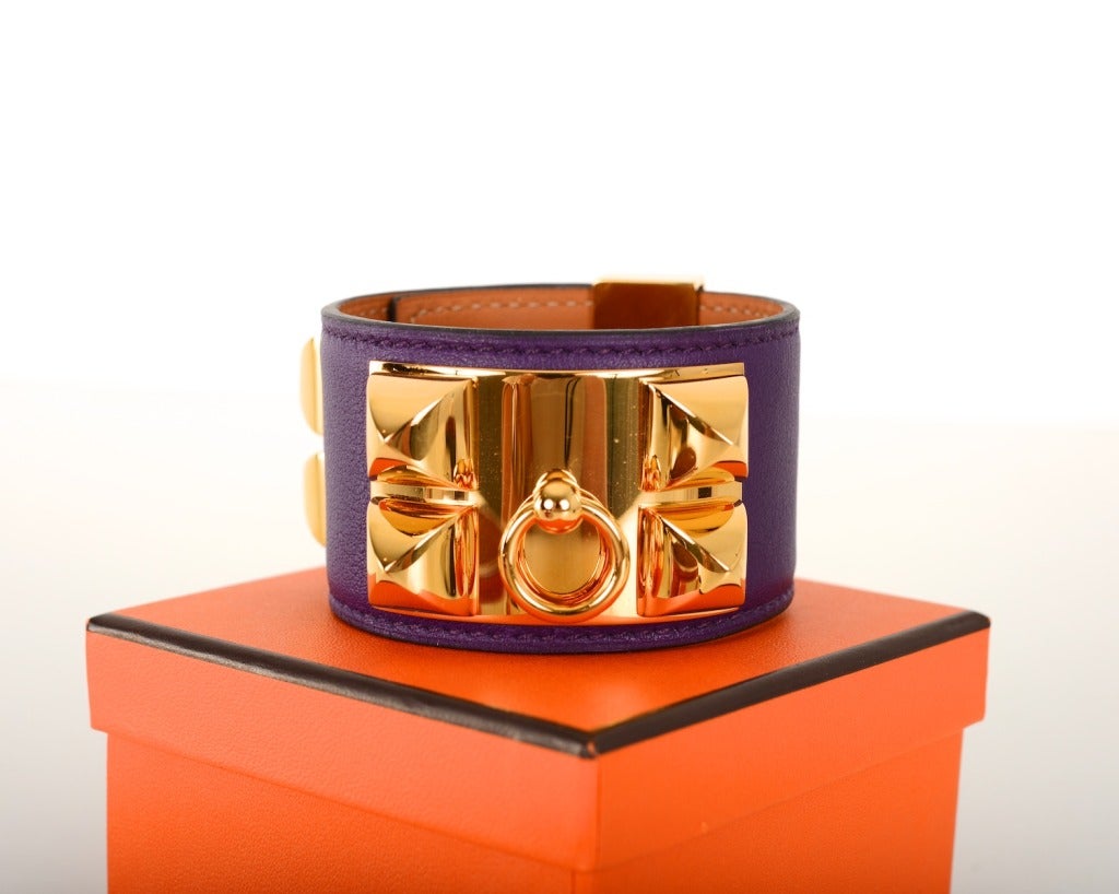 Hermes CDC Bracelet Ultra Violet Leather W Gold Hardware In New Condition In NYC Tri-State/Miami, NY