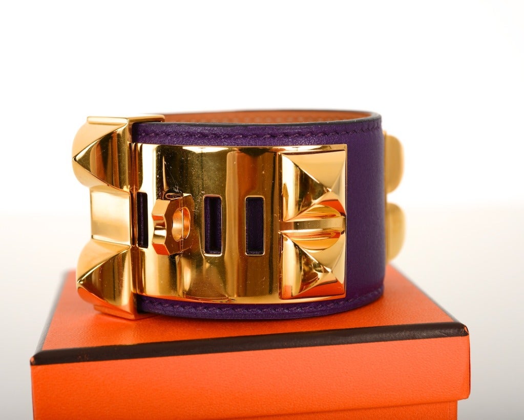 Hermes CDC Bracelet Ultra Violet Leather W Gold Hardware 1