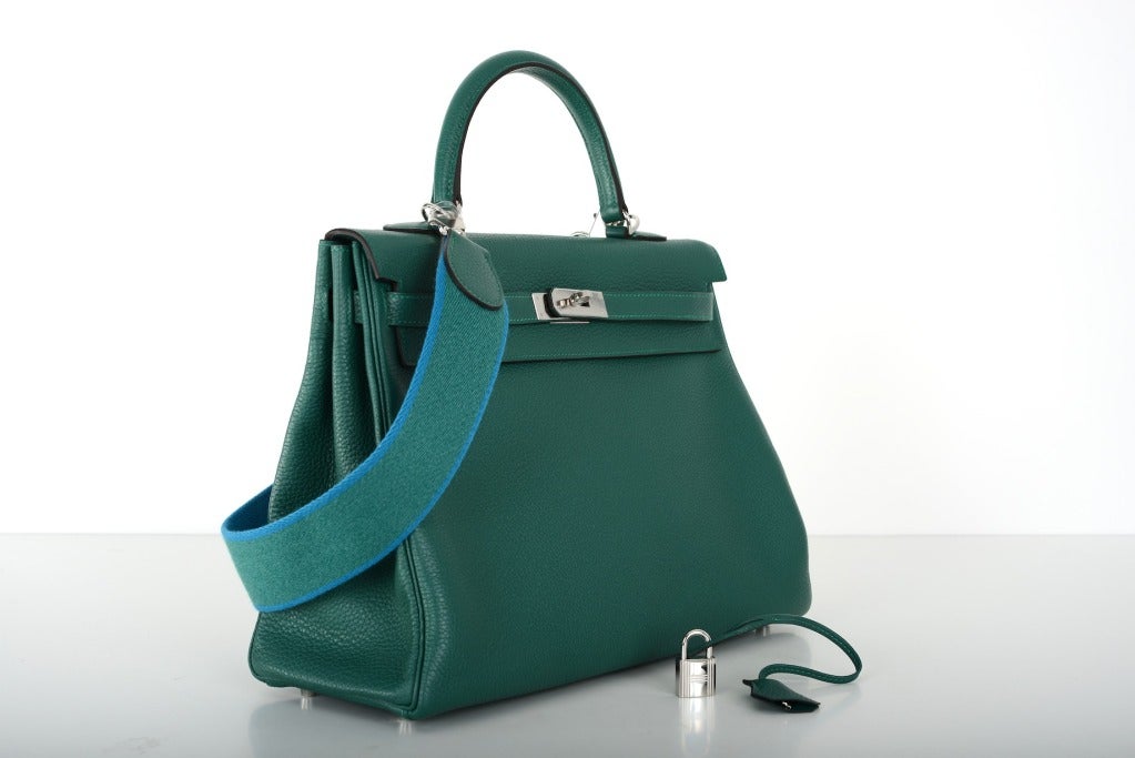 Hermes Kelly Bag 35cm Malachite Palladium Hardware JaneFinds In New Condition In NYC Tri-State/Miami, NY