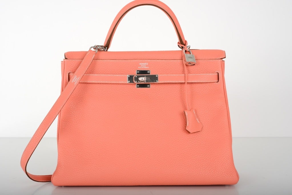 Hermes Kelly Bag 35Cm Crevette Gorgeous Palladium Hardware Wow Color In New Condition In NYC Tri-State/Miami, NY